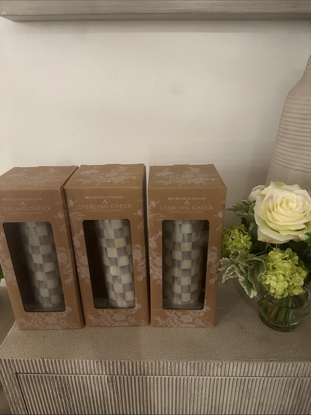 MacKenzie-Child Sterling Check Flicker 9 inch Pillar Candle - NIB Set of 3